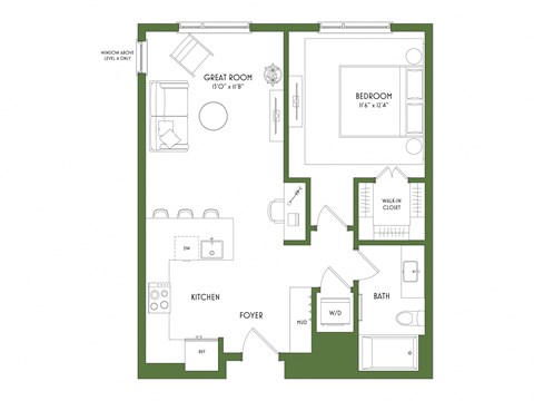Floor plan for 1 bed, 1 bath, 724 sqft